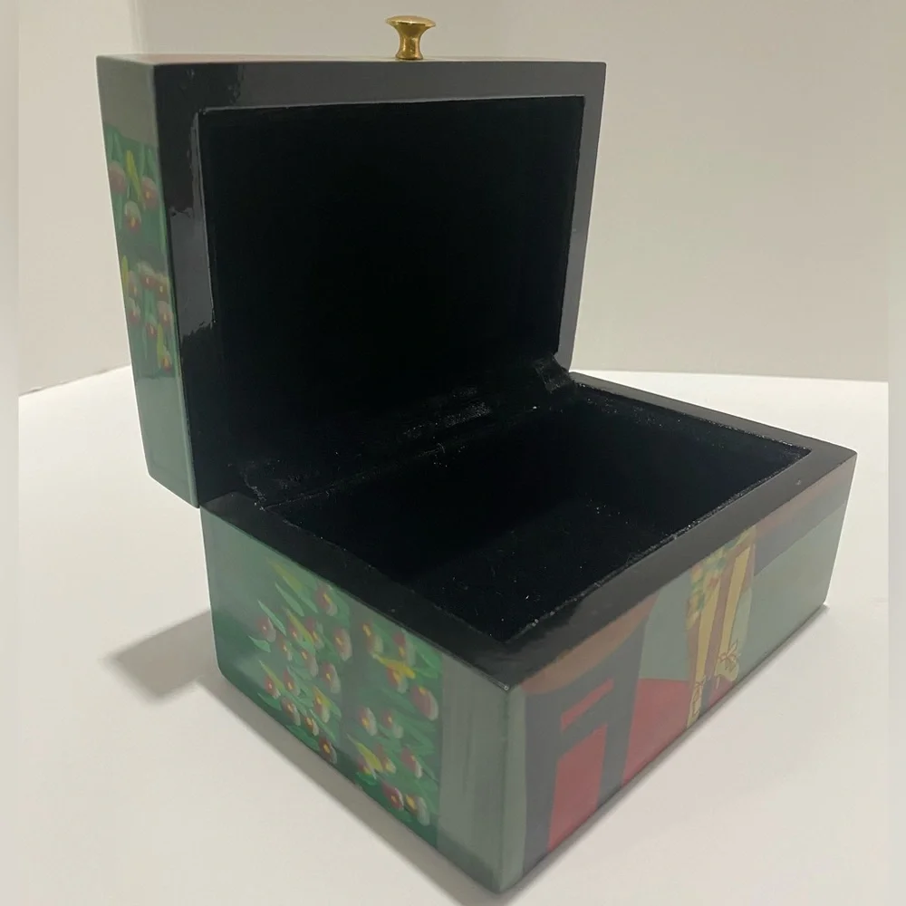 Asian Hand-Painted Lacquer Wood Box Jewelry Japanese Chinese Oriental Hinge Lid